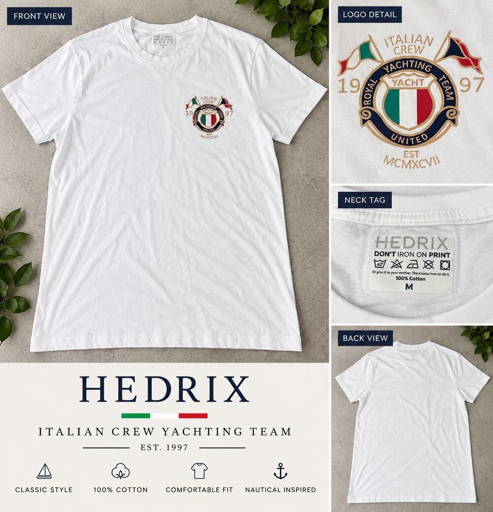 Hedrix Men’s M White Italian Crew Yachting Graphic T-Shirt 100% Cotton